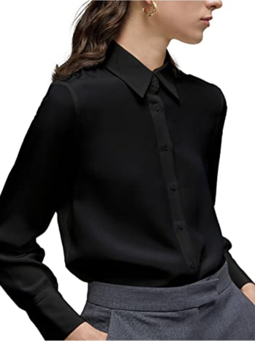 Women's Textured Polyester Chiffon Button Down Blouse Long Sleeve Collared Top